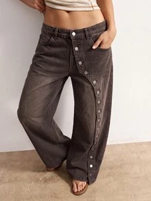 Bohemela Celana Jeans Denim Saku Kancing Desain Fashion Wanita - Coklat - View 3