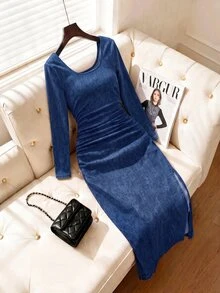 SHEIN MOD Women's Square Neck Long Sleeve Ruched Fitted Elegant Denim Dress - Dark Wash - View 1