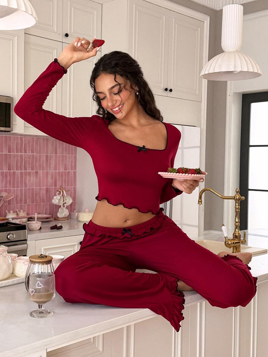 SweetSlumber Women's Ins Sweet & Spicy Knit Long Sleeve Pants Pajama Set - Burgundy - View 1