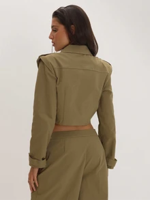 MUSEYN Khaki Woven Cropped Epaulette Style Blazer Versatile Everyday Casual Fall - Army Green - View 4