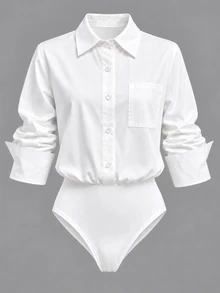 SHEIN LUNE Bodysuit Lengan Panjang Minimalis Kancing Serbaguna untuk Wanita, Cocok untuk Kantor - Putih - View 3