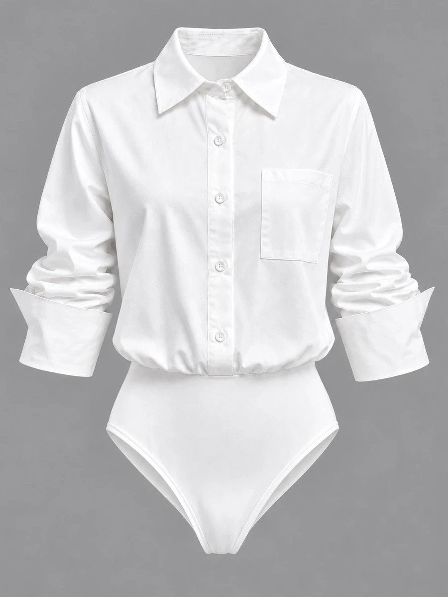 SHEIN LUNE Women's Minimalist Button Versatile Long Sleeve Bodysuit For Office - White - View 1