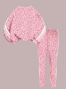 Vintage Fashion Pink Leopard Print Colorblock Sports Stripe, Girls Casual Crew Neck Long Sleeve Sweatshirt & Leggings 2pcs Set New Style Suitable For Autumn/Winter Daily Wear, Outings, Campus, Sports, Back To School Season, Relaxed Chic, American Streetwear Girl, Sweet Cool Relaxed Fashion - Multicolor - View 2