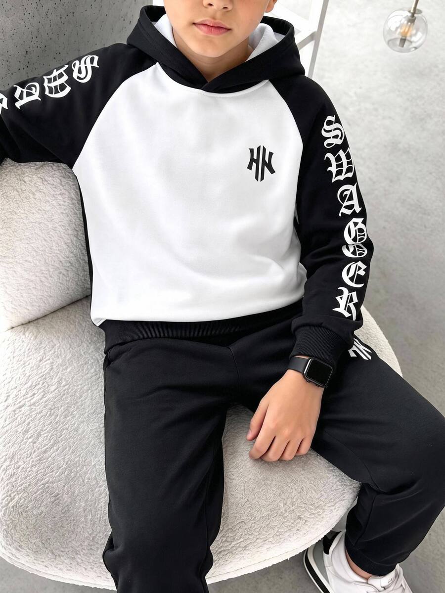 SHEIN Tween Boy Letter Print Raglan Long Sleeve Hoodie And Sweatpants Casual Set - Multicolor - View 1