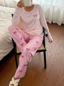SHEIN Bow Striped Print Fresh Women's Pajama Set Casual Homewear - Pink - View 6