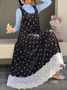 SHEIN CURVE+ Plus Size Women's Solid Color Long Sleeve Top And Lace Patchwork Polka Dot Dress Fashion Set Fall - Multicolor - View 4