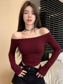 DAZY 女款方領修身性感風 T恤 - 酒紅色 - 查看 3