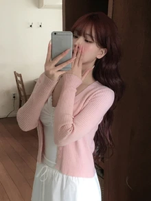 DAZY 女款素色修身短版長袖V領休閒度假韓風秋冬針織開襟外套 - 粉色 - 查看 9