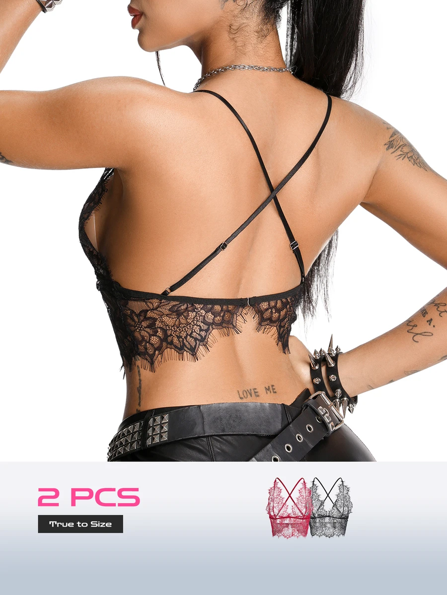 AltBold Black & Red Wire-Free French Lace Women's Backless Bra Set, 2pcs - Multicolor - View 1