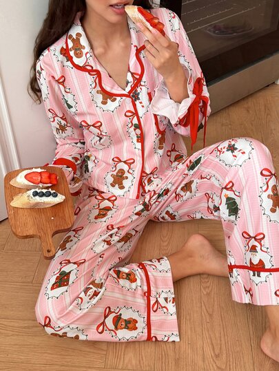 SweetSlumber Romantic Pastoral Floral Leaf Stripe Heart Print Bowknot Design Lapel Front Opening Women's Loungewear Pajama Set