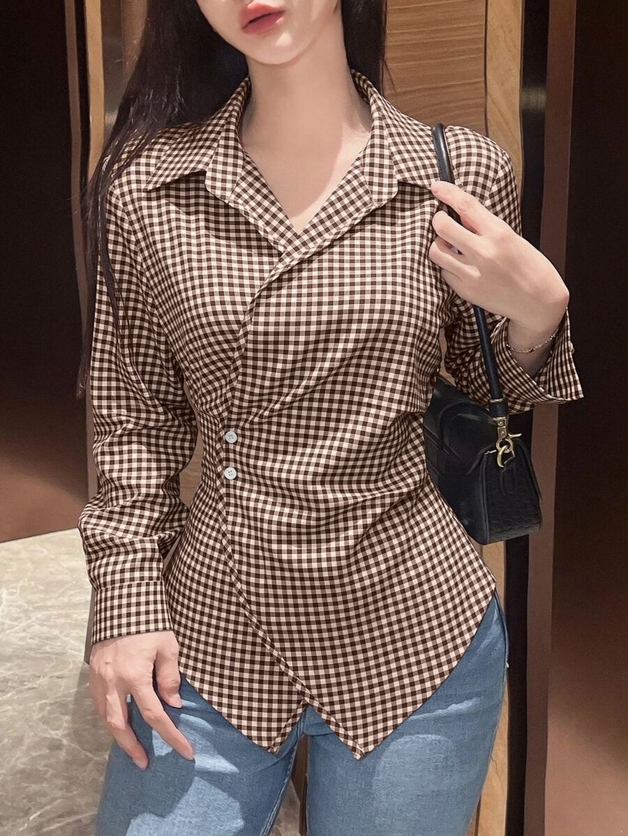 SHEIN Franclia بلوزة نسائية بلون سادة بأكمام طويلة بتصميم لف، قميص نسائي للربيع والخريف - بني - مشاهدة 1