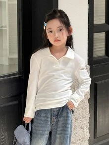 DAZY Tween Girl Solid Color Collared Long Sleeve Casual Versatile T-Shirt - White - View 3