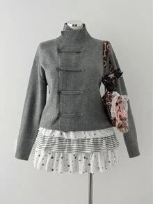 Sunspun Napoleon Style Women Plus Size Casual High Neck Asymmetric Placket Frog Button Long Sleeve Slim Fit Cardigan Sweater Fall - Grey - View 3