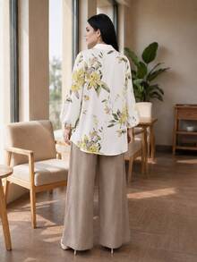 Auveirra Plus Size Women Floral Print Long Sleeve Top And Pants Casual Daily 2 Pieces Set - Brown - View 2