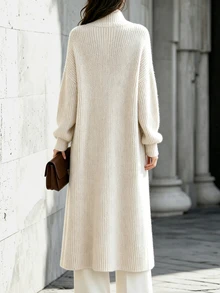 SHEIN Women's All-Match Fashion Minimalist Versatile Lapel Button Long Cardigan Stand Collar Button Commuter Sweater Coat - Apricot - View 2