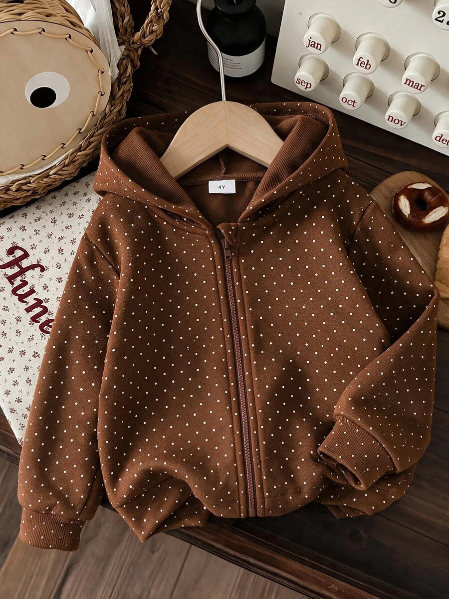 SHEIN Vintaside Kids 女童單件可愛波點長袖連帽拉鍊運動衫，休閒寬鬆輕便夾克，幼兒春秋日常穿著甜美時尚小女孩連帽上衣 - 棕色 - 查看 1