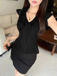 Joudiya 春夏短袖襯衫，荷葉邊飾邊，拼接繫帶前襟設計，優雅時尚襯衫，適用婚禮、宴會、派對、晚裝、通勤 - 黑色 - 查看 2