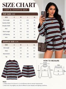 SHEIN Glamour Women's Casual Burgundy Striped Top And Drawstring Shorts Two Pieces Set Loungewear, Sportswear Two Pieces Set - Coffee Brown - View 6