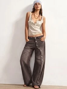 Bohemela Celana Jeans Denim Saku Kancing Desain Fashion Wanita - Coklat - View 7