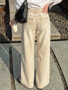 SHEIN EZwear Celana Jeans Longgar Serbaguna untuk Wanita dengan Kantong Kancing - Khaki - View 3