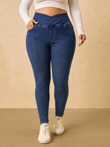SHEIN MOD بنطلون جينز نسائي مقاس كبير بخصر غير متماثل للارتداء اليومي الكاجوال - أزرق متوسط - مشاهدة 3