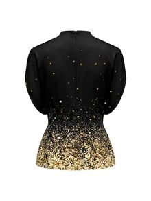 SHEIN Clasi Gold Sequin Gradient Print Cowl Neck Blouse And Mermaid Skirt Set. Suitable For Party - Black - View 6