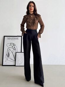 Firerie Autumn Women Elegant Sophisticated Romantic Palace Vintage Stand Collar Ruffle Jacquard Textured Button Bell Sleeve Apricot Blouse Going Out Tops - Brown - View 9