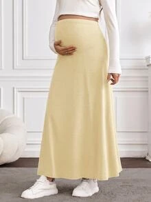 SHEIN 孕婦純色可調腰圍休閒日常裙 - 杏色 - 查看 5