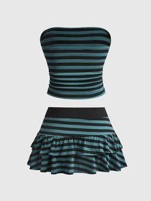 ROMWE Grunge Punk Y2K Millennium Sexy Camouflage All-Over Print Tube Top & Ultra Short Mini Skirt 2pcs Set - Green - View 2