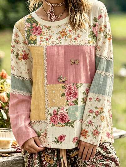 LanaWest CURVE Bohemian Vintage Rose Floral Contrast Print Loose Casual Crew Neck Long Sleeve Plus Size T-Shirt