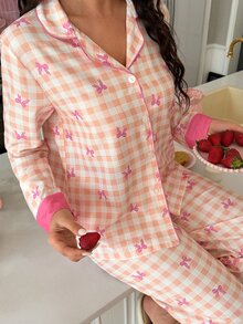 SweetSlumber Plaid Bow Bubble Puff Women's Pajama Set - Yellow - View 1