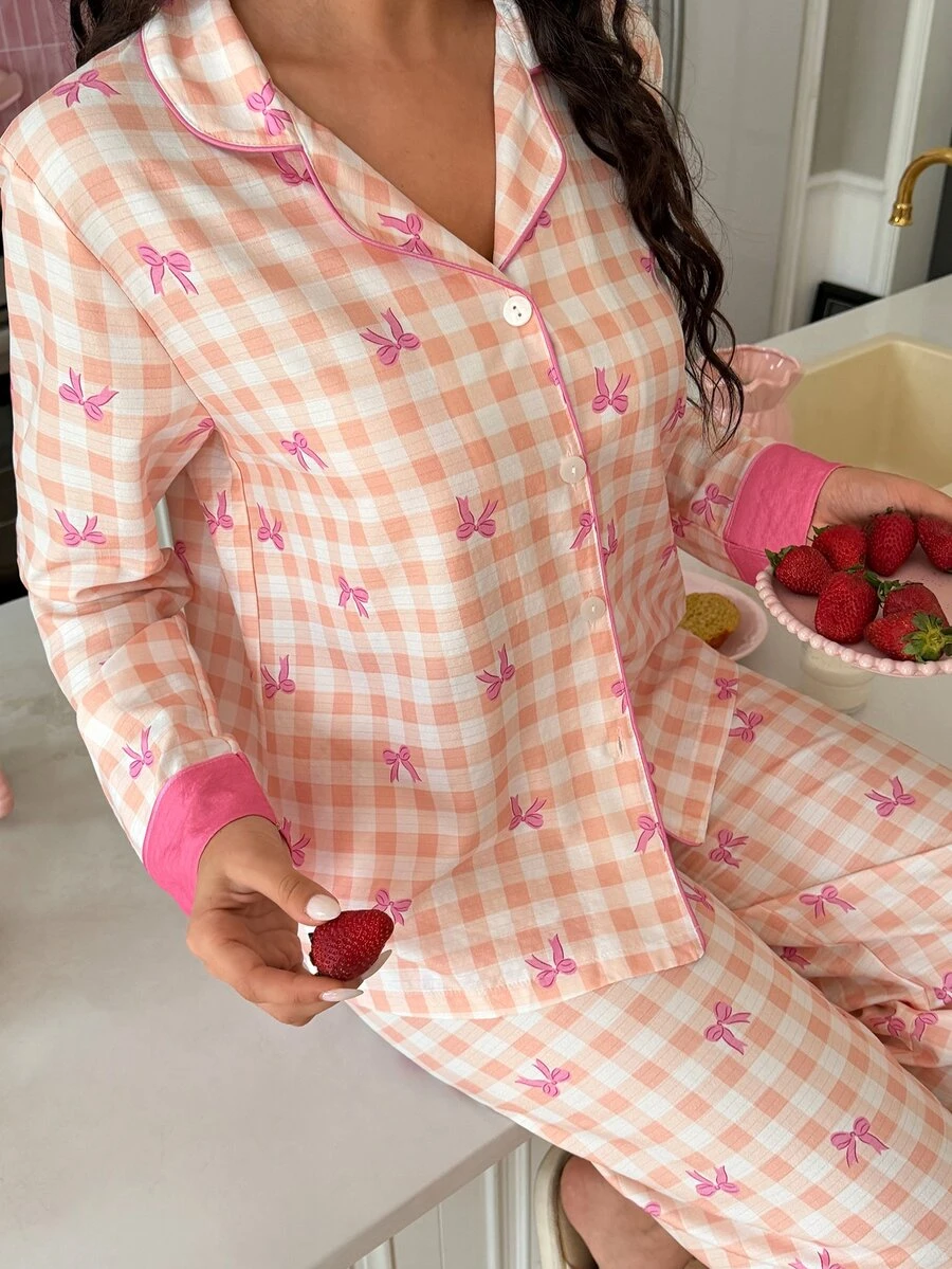 SweetSlumber Plaid Bow Bubble Puff Women's Pajama Set - Yellow - View 1