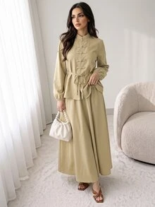 Solavon New Design Modern Chinese Style Frog Button Waist Tie Blouse And Skirt Casual Versatile Set - Khaki - View 4