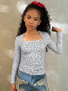Kaos Lengan Panjang Musim Dingin untuk Anak Perempuan Tween, Pas Badan, Modis, dengan Lengan Raglan, Kerah U, Pinggang Berkerut, Bahan Elastis - Grey - View 4