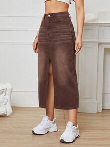 SHEIN EZwear 女款高腰口袋開衩下擺休閒牛仔裙 - 棕色 - 查看 6