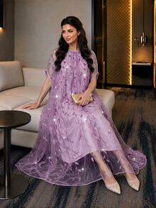 Auveirra Plus Size Women's Leaf Embroidery Pattern Casual Party Dress - Purple - View 4