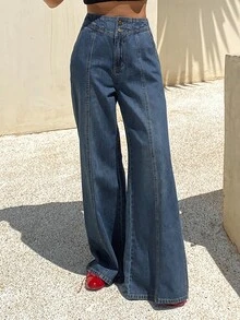 Livesso Tall High Waist Seam Front Flare Leg Jeans - Dark Wash - View 3