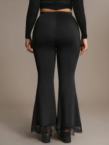 Freevana Plus Size French Lace Patchwork Split Hem Pants - Black - View 3