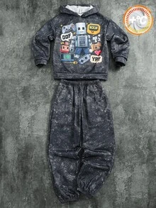 SHEIN 兒童青少年男孩卡通印花連帽衛衣與口袋秋季長褲套裝 - 彩色 - 查看 2