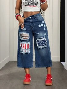 BamGleam Women's Sexy Button Pocket Distressed Loose Denim 7/8 Pants - Dark Wash - View 3