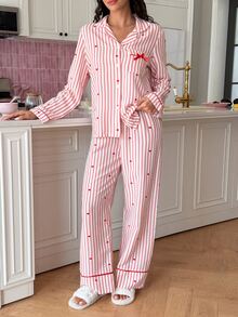SweetSlumber Women's Heart Stripe Long Sleeve Single-Breasted Top And Pants Pajama Set - Multicolor - View 1