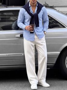 Manfinity CasualCool 2026新款男士休閒時尚設計極簡優雅百搭寬鬆版型藍白條紋長袖襯衫，新年聖誕萬聖節假期禮物 - 藍白色 - 查看 6