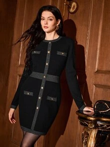 MOTF PREMIUM WOMEN'S COLOR BLOCK CASUAL DAILY WEAR KNIT DRESS - Black - View 1