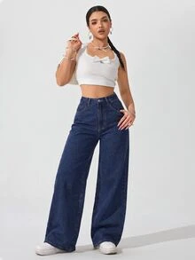 SHEIN Unity 女款高腰口袋寬腿寬鬆休閒牛仔褲 - 深色水洗藍 - 查看 4