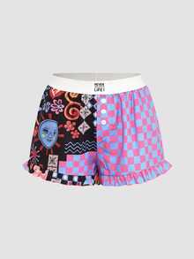 Chillnights Young Contrast Color Leopard Print Letter & Sun Graphic Frill Trim 2pcs Women's Pajama Bottoms - Multicolor - View 5