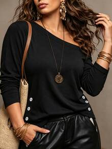Weeklong Plus Size Women Asymmetric Collar Stud Decor Casual Everyday T-Shirt Blouse Autumn Winter - Black - View 7