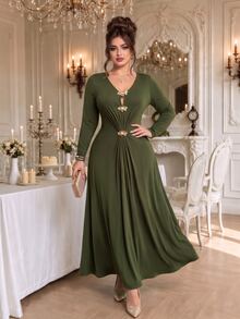 Roveilla Women Plus Size Elegant Knit Dress V-Neck Elastic Long Sleeve Solid Color Metal Button Cinched Waist Ruched Split Hem Dress - Army Green - View 3