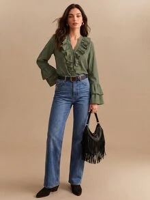 CielaLinda 女款橄欖綠荷葉邊波希米亞風襯衫，柔美長袖上衣 - 軍綠色 - 查看 3