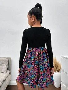 Gaun Lengan Panjang Motif Bunga Patchwork Kasual Minimalis Nyaman untuk Anak Perempuan Remaja Musim Gugur/Dingin - MultiWarna - View 2