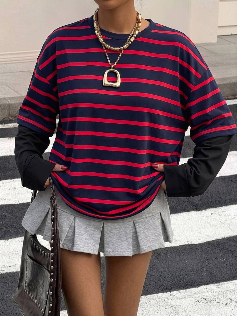 SHEIN 青少年女孩新款 2 合 1 紅黑拼接條紋圓領寬鬆長袖 T 恤,適合春秋冬季,返校休閒街頭風 - 紅色 - 查看 1